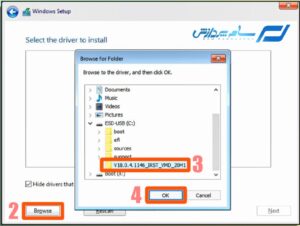 روی گزینه "Browse" کلیک کرده و سپس محل ذخیره‌سازی درایورهای IRST را پیدا کنید و در نهایت روی "OK" کلیک کنید.